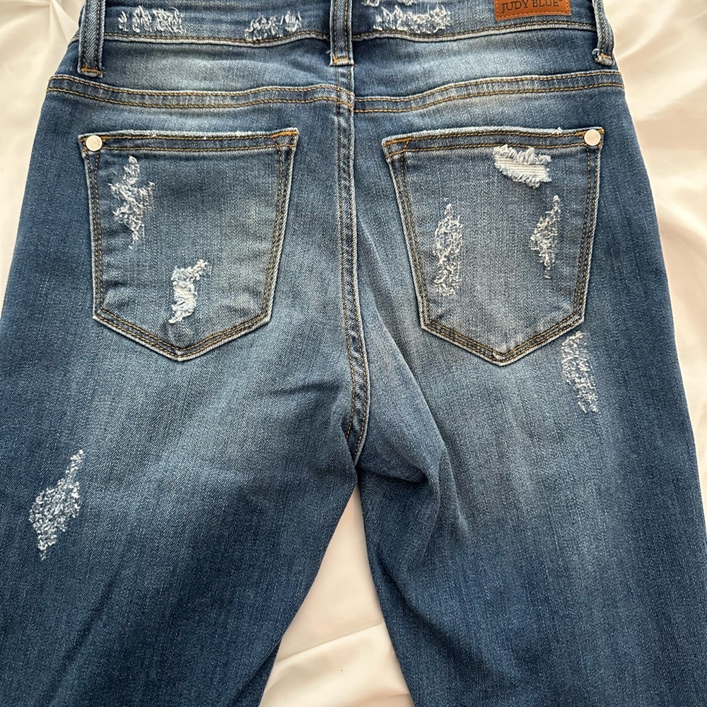 Distressed Jeans With Leopard Print Patch - image 3